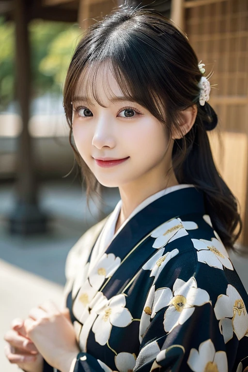 (kimono)、華やかなkimono (Floral)、 (((Holding a beautiful Japanese sword)))、Random pose、(highest quality,masterpiece:1.3,超A high resolution,),(Ultra-detailed,Caustics),(Photorealistic:1.4,RAW shooting,)Ultra-Realistic Capture,Very detailed,High resolution 16K human skin closeup、 The skin texture is natural、、The skin looks healthy、The color is also uniform.、 Use natural light and color,1 girl,Japanese,33 years old,cute,Black-haired,Mid-length hair,,smile,,(Depth of written boundary、chromatic aberration、、Wide range of lighting、Natural Shading、)、,Dimples、 Backlit shooting,perfect face lighting,Mixed Media