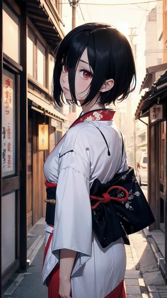 Dynamic angle, Perspective, (Backlight, Dark:1.5), Illustration, Top quality, Masterpiece, High resolution, Very delicate and beautiful, Very detailed wallpaper, Original, 1girl, Lolita, White skin, Short hair, Dark hair, Dull fringe, Fine eyes, Red eyes, (Black kimono:1.2), Japanese, city, Cute,Taisho period,Streetscape during the Taisho period