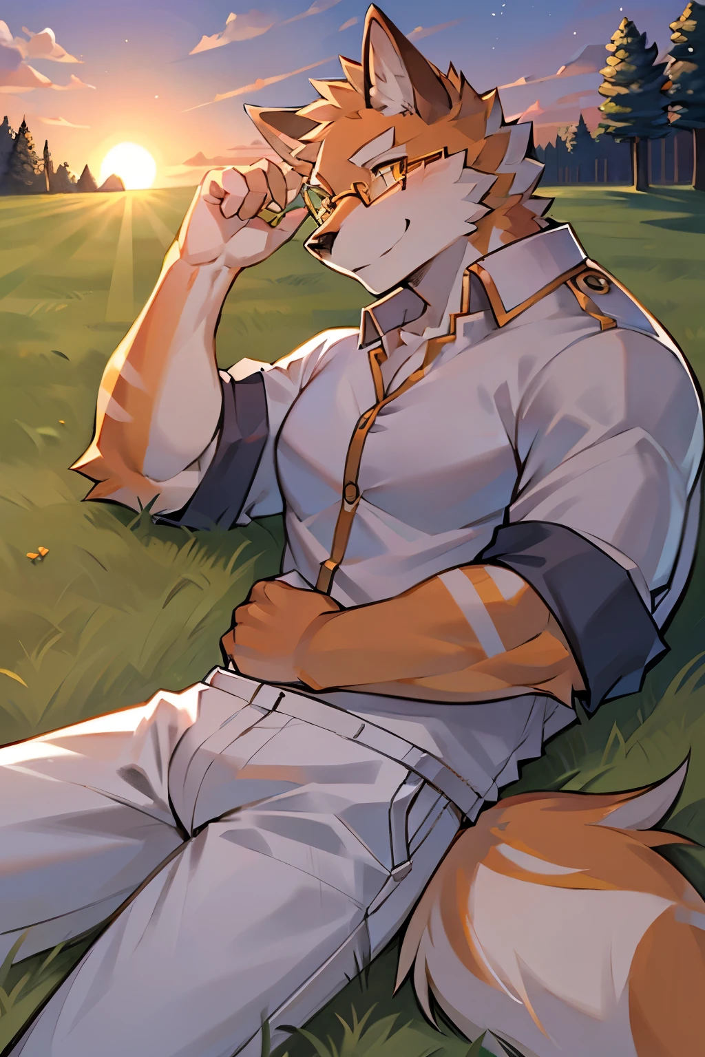 one person,male,Just not good, Muscular body, young,young角色,Full body orange fur,Orange fur,Body tearing,Lying on the lawn in the park,Wearing glasses,Dusk evening background,head tilted to one side,Looking at the sky,Happy mood, Wearing a loose white short shirt,A pair of white trousers,Wolf furry character,Golden eyes