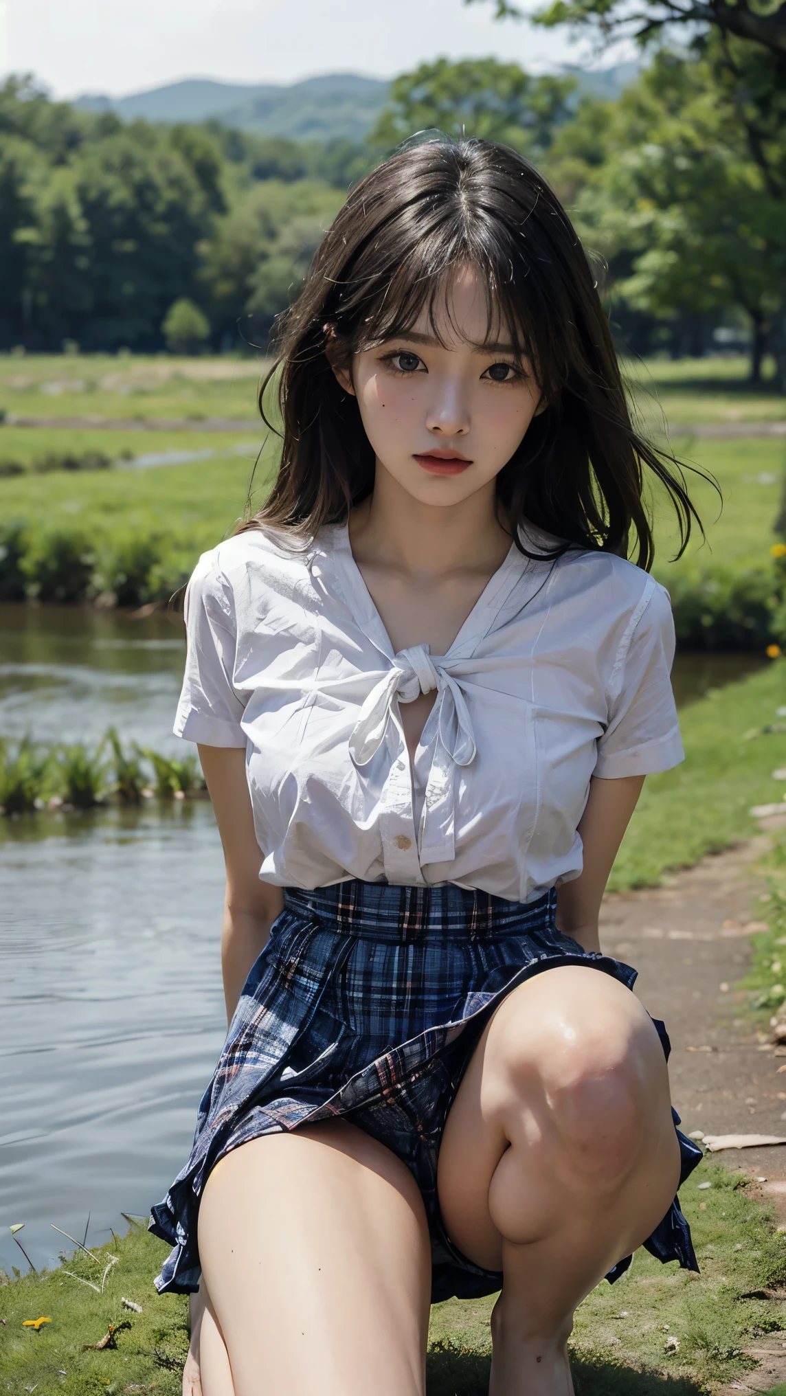 8k, Raw photo, highest quality, masterpiece:1.2), masterpiece, highest quality, figure, Very detailed, Fine details, High resolution, 8k,wallpaper, Perfect dynamic composition,(Detailed high quality, Realistic depiction of eyes:1.3)、A woman who has been and has her hands tied、Arms wrapped around his back, hands tie behind back, 2woman、Crouching by a lake in the forest at night、With legs wide open、White panties are visible、Blue Short Sleeve Blouse、Tartan plaid pleated skirt、whole body、The whole thing faces forward、21Talented talent、Beauty、Well-formed face、Make your eyes even、Beautiful black hair、Has bangedium build、Well-balanced proportions、Beautiful legs、Fresh face、Beautiful night sky、