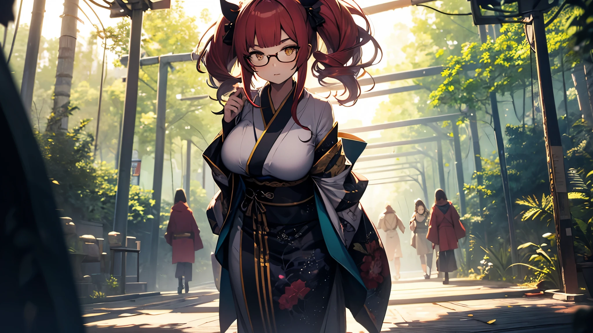 (1girl:1.3), Masterpiece, Best quality, amazing beauty, [[3D]], 4K, absurdres, finely detail, super detailed eye, perfect anatomy, official art, cinematic lighting, BREAK, Shrine/Temple, forest/jungle, silky side ponytail, blunt bangs, red hair, super shiny detailed yellow eyes, cute eyes, thin eyebrow, Staring, facing this way, close-mouth, rouge, Eyeshadow, glasses, piercing, embarrassed, BREAK , big breasts, tall, slim, fair skin, glistening skin, walking, full body, from front, wearing a kimono, Fancy Kimono, Spotlight, BREAK , , BREAK,(Glasses)