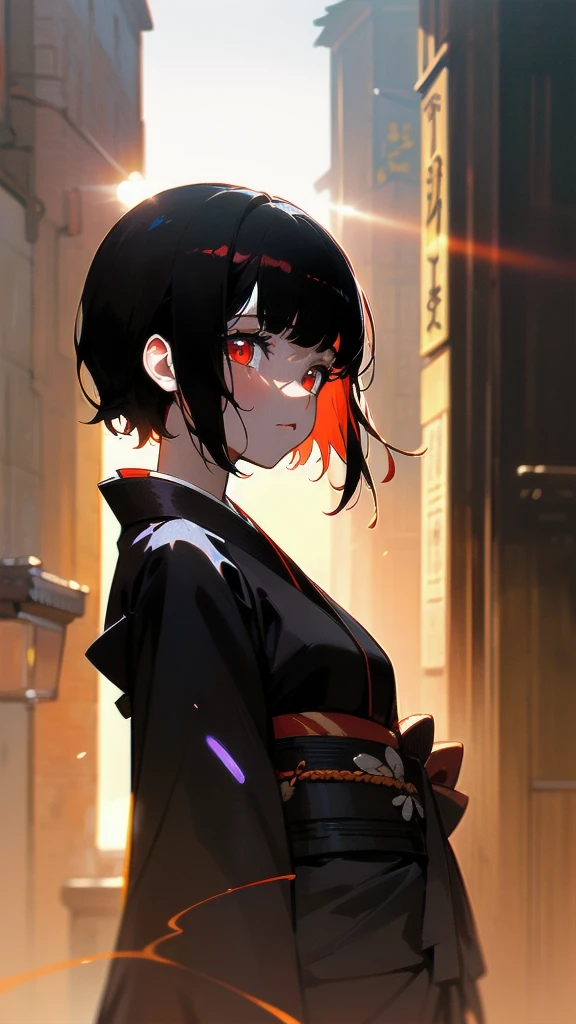 Dynamic angle, Perspective, (Backlight, Dark:1.5), Illustration, Top quality, Masterpiece, High resolution, Very delicate and beautiful, Very detailed wallpaper, Original, 1girl, Lolita, White skin, Short hair, Dark hair, Dull fringe, Fine eyes, Red eyes, (Black kimono:1.2), Japanese, city, Cute,Taisho period,Streetscape during the Taisho period