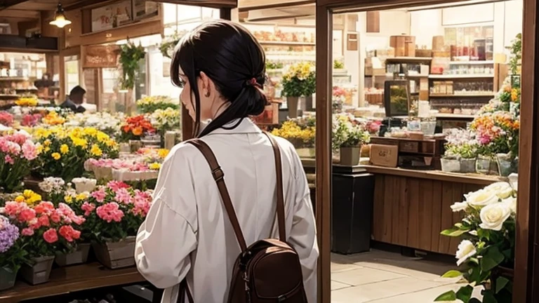 Customer in front、Old lady saleswoman at a flower shop、Back view、Inside the store、Buckshot