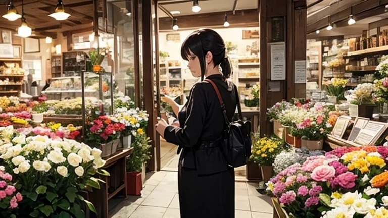 Customer in front、Old lady saleswoman at a flower shop、Back view、Inside the store、Buckshot