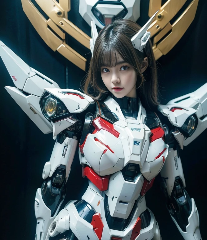 Textured skin, Super Detail, high details, High quality, Best Quality, hight resolution, 1080p, hard disk, Robot Girl,(Gundam Girl),beautiful cyborg woman,Mecha Cyborg Girl,Battle Mode,Girl with a Mecha Body,She wears a futuristic Gundam mecha,Fulll body Shot,Mobile Suit Girl