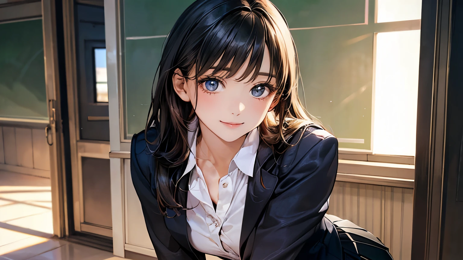 (masterpiece:1.2, highest quality), (Realistic, photoRealistic:1.4), Beautiful illustrations, (Natural Side Lighting, Cinema Lighting), 
View Viewer, (From below), 1 girl, Japanese, high school girl, Perfect Face, Perfect body, Cute and symmetrical face, Shiny skin, Baby Face, 
(Long Hair:1.7, Straight hair:1.6, Long sideburns, Black Hair), Swept-apart bangs, blue eyes, (Middle chest, Captivating thighs), , 
Beautiful Hair, Beautiful Face, Beautiful fine details, Beautiful clavicle, Beautiful body, Beautiful breasts, Beautiful thighs, Beautiful feet, Beautiful fingers, 
(((Black clothes, Black School Blazer, Closed blazer), White collared shirt, Black Box Pleated Skirt) ), 
(Beautiful views), evening, (School corridor), Are standing, Leaning forward, (Twirl your hair, Cute smile), I have a book