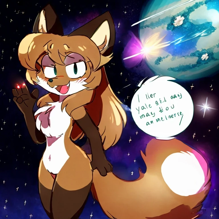 Nervous smiling, uploaded the e621, space background, comet in background, beautiful and detailed, woman (((female))) ((anthro)) Fox, (Averi, Fox girl), cinematic lighting, Fox, (anthro, fluffy fur, character focus:1.1), 1girl, anthro fox girl, body fur, curvy, sexy, nice, cute, hot, sassy, sassy hips, comfortable anime-style cartoon-style, digital drawing, fully open eyes, SFW, flat chest, lasers, waving, happy, smiling, white tail tip, tipped tail, white fur