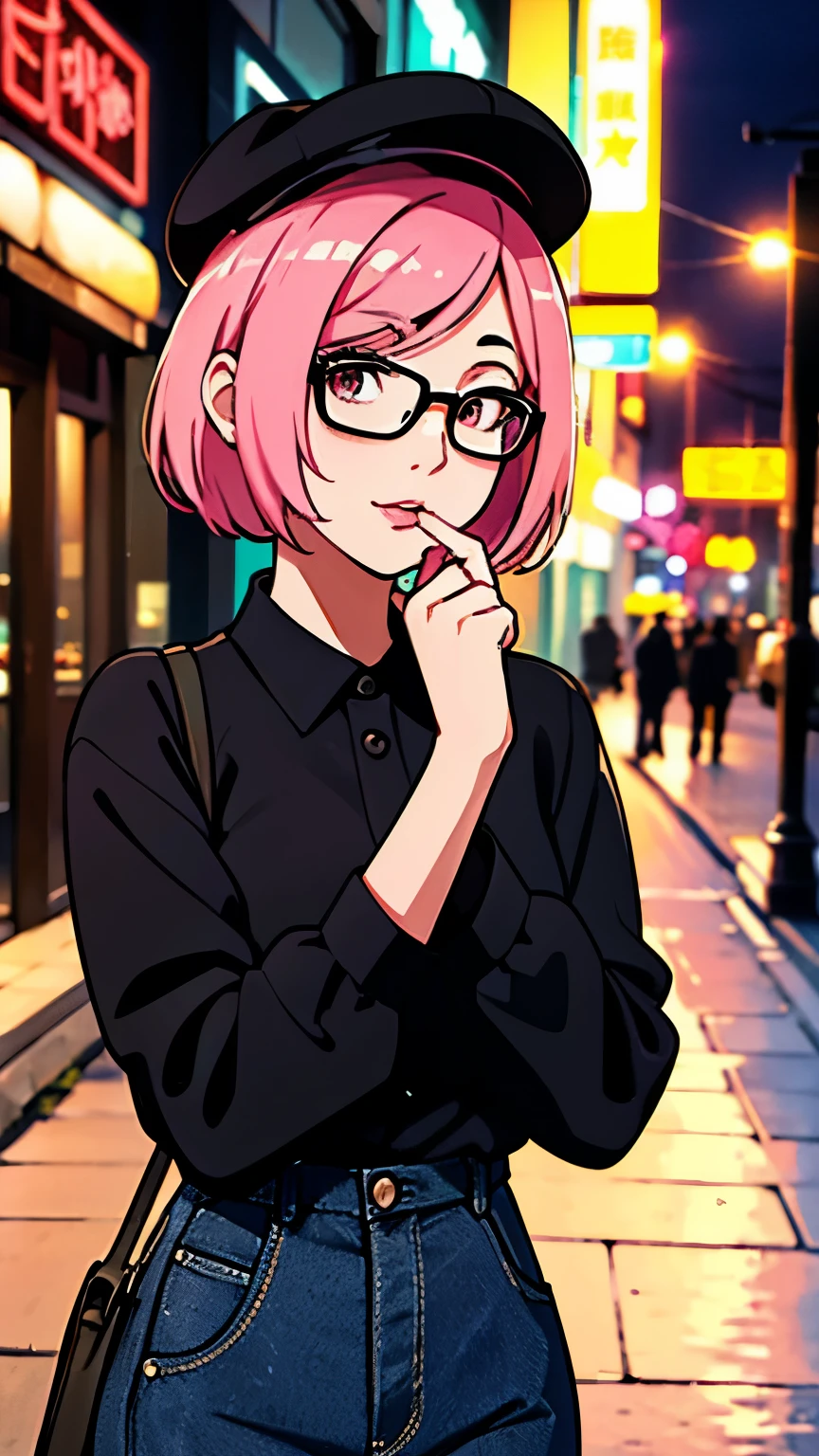 (highest quality, Natural light)、Stylish, detailed background、Pink Hair、Gal、Saucy、short hair、Street、night、Black clothes、Glasses、cap