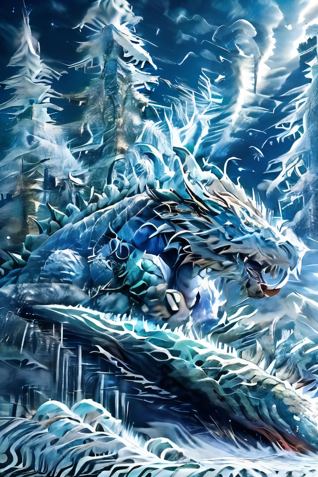 A large, reptilian monster named Frostfrill with blue-white icy scales and ice crystals growing from its back, shown in a serene scene. Frostfrill is lying down peacefully by a frozen lake, surrounded by snow-covered pine trees and icy glaciers. The monster's eyes are closed, and it looks calm and relaxed. The background features a clear, starry night sky with the aurora borealis adding a magical touch. The overall atmosphere is tranquil and beautiful, highlighting the gentler side of the Frostfrill.