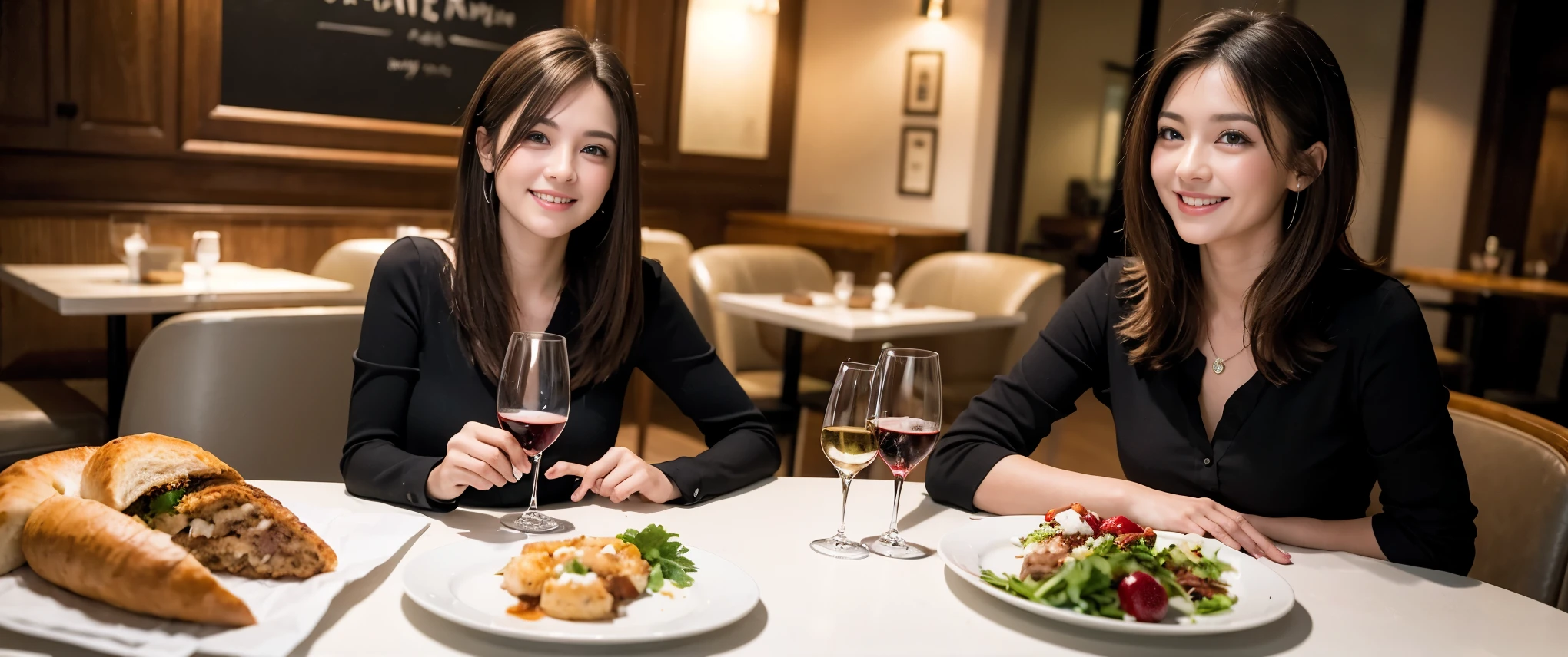 ((highest quality、8k、masterpiece:1.3))、1 male、1 female、Couple、spouse、Couple、Slim body、((Bob Hale、Straight hair:1.2)), (Realistic, Intricate details:1.2), Wine glass on the table、Shine light on your face、 Amazing view of the sunset sky and clouds、Amazing mountain views、A bright smile、The wonderfulness of smile、Bright image、The beauty of wine, Beautiful Face, blue eyes, The light shines on your face, Blushing, short hair,Bright Face、 (Age 37), 39 years old, red wine 、Appetizers、Italian food、Wine bottle、Champagne、sparkling wine、Two beauties、Brown Hair、Shortcuts、Long sleeve shirt、dress、Pretty Woman 1, (Slim face), (The body is slim), (Brown Hair), (Shortcuts), cheeks turn a little red,Attractive beauty、restaurant, In a prominent place (From the waist up) Nova Frog Style, actress, model, Upper Body, White wine, slim, wine glass, Wine glass placed in the center, smile, (smile: 1.15), Beautiful fine grain, Depth f/2,saturation, High Contrast, Strong light and shadow,Moist Body:1.5、3D texture、Delicate eyes、Brown Hair、The hair is very shiny、