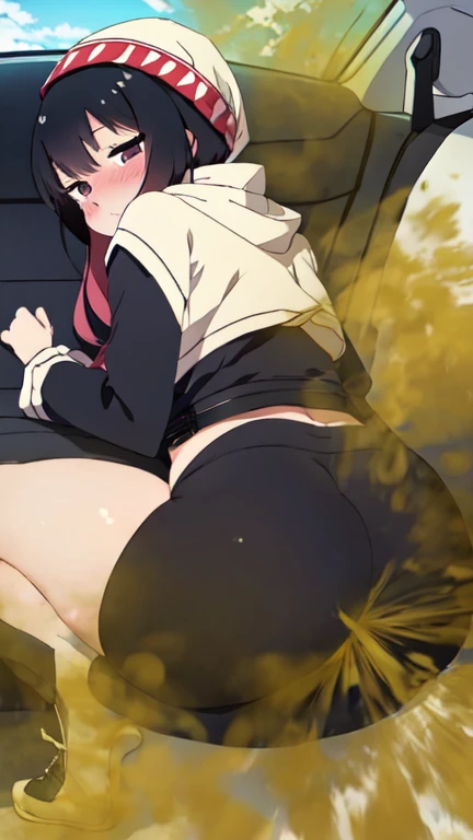 2 Asian girls, tomboy girls, both farting together side by side, desperate to poop, farting while sitting in car, sitting down, wearing , wearing hijab, stomach bloated, hangs holding stomach, pained expression, shocked and embarrassed, mouth open in shock, sweating, blushing, beautiful and cute face, anime art style, fit body, tall and thin, act like tomboys, view from back