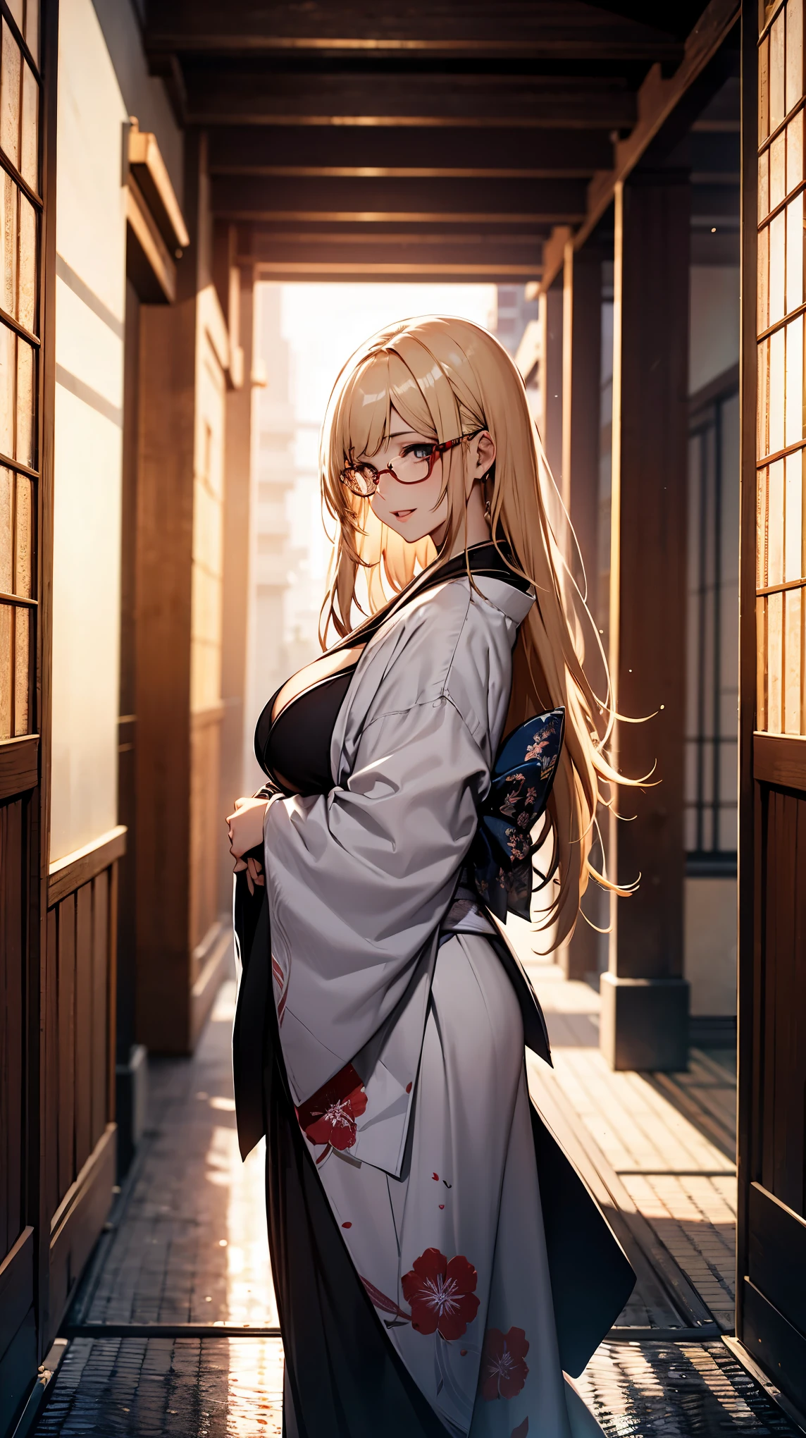 (1girl:1.3), Masterpiece, Best quality, amazing beauty, [[3D]], 4K, absurdres, finely detail, super detailed eye, perfect anatomy, official art, cinematic lighting, BREAK, Japanese-style room, silky long hair, silky straight hair, blunt bangs, blonde, super shiny detailed black eye, cute eyes, thin eyebrow, Looking at Viewer(camera), facing this way, close-mouth, plump lips, rouge, Eyeshadow, red round cell frame glasses, Laughing, BREAK , big breasts, tall, slender, tanned skin, standing, full body, from front, point-of-view shot,  Shoot from front, Shoot from front,looking side, wearing a kimono, Beautifully patterned kimono, BREAK , , BREAK,(Glasses)