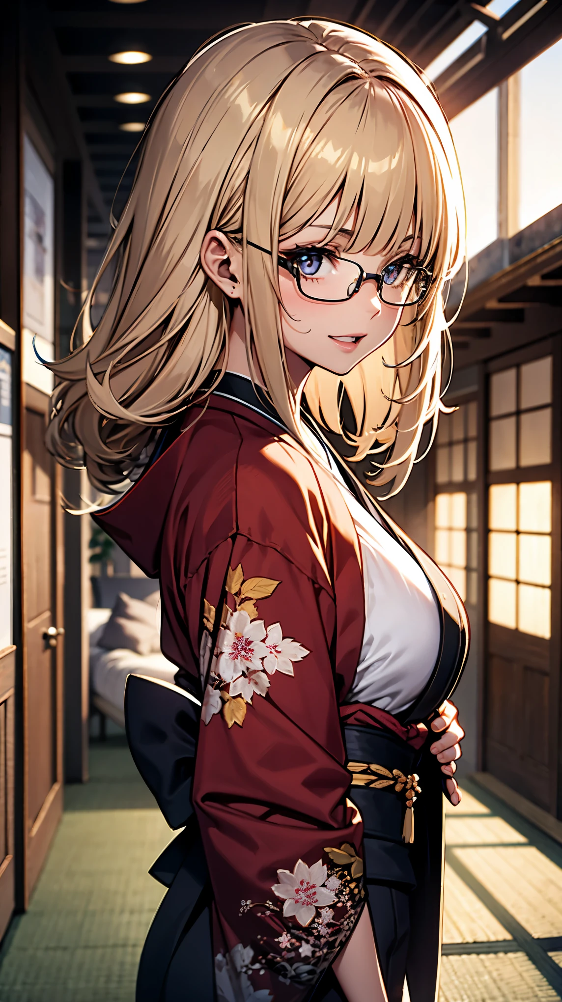 (1girl:1.3), Masterpiece, Best quality, amazing beauty, [[3D]], 4K, absurdres, finely detail, super detailed eye, perfect ???????, official art, cinematic lighting, BREAK, Japanese-style room, silky long hair, silky straight hair, blunt bangs, blonde, super shiny detailed black eye, cute eyes, thin eyebrow, Looking at Viewer(camera), facing this way, close-mouth, plump lips, rouge, Eyeshadow, red round cell frame glasses, Laughing, BREAK , big breasts, tall, slender, tanned skin, standing, full body, from front, point-of-view shot,  Shoot from front, Shoot from front,looking side, wearing a kimono, Beautifully patterned kimono, BREAK , , BREAK,(Glasses)
