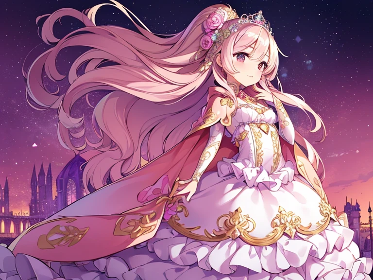 (kawaii),(best quality),(ultra detailed),(rococo style),(long train pastel pink cape:1.15), very long cape,(long train white ball gown with flower decorations:1.1), a girl is wearing a cape over her gown, 1 little princess, tiara, smile, very long hair, small breasts, beautiful detailed eyes, beautiful detailed lips, looking at viewer