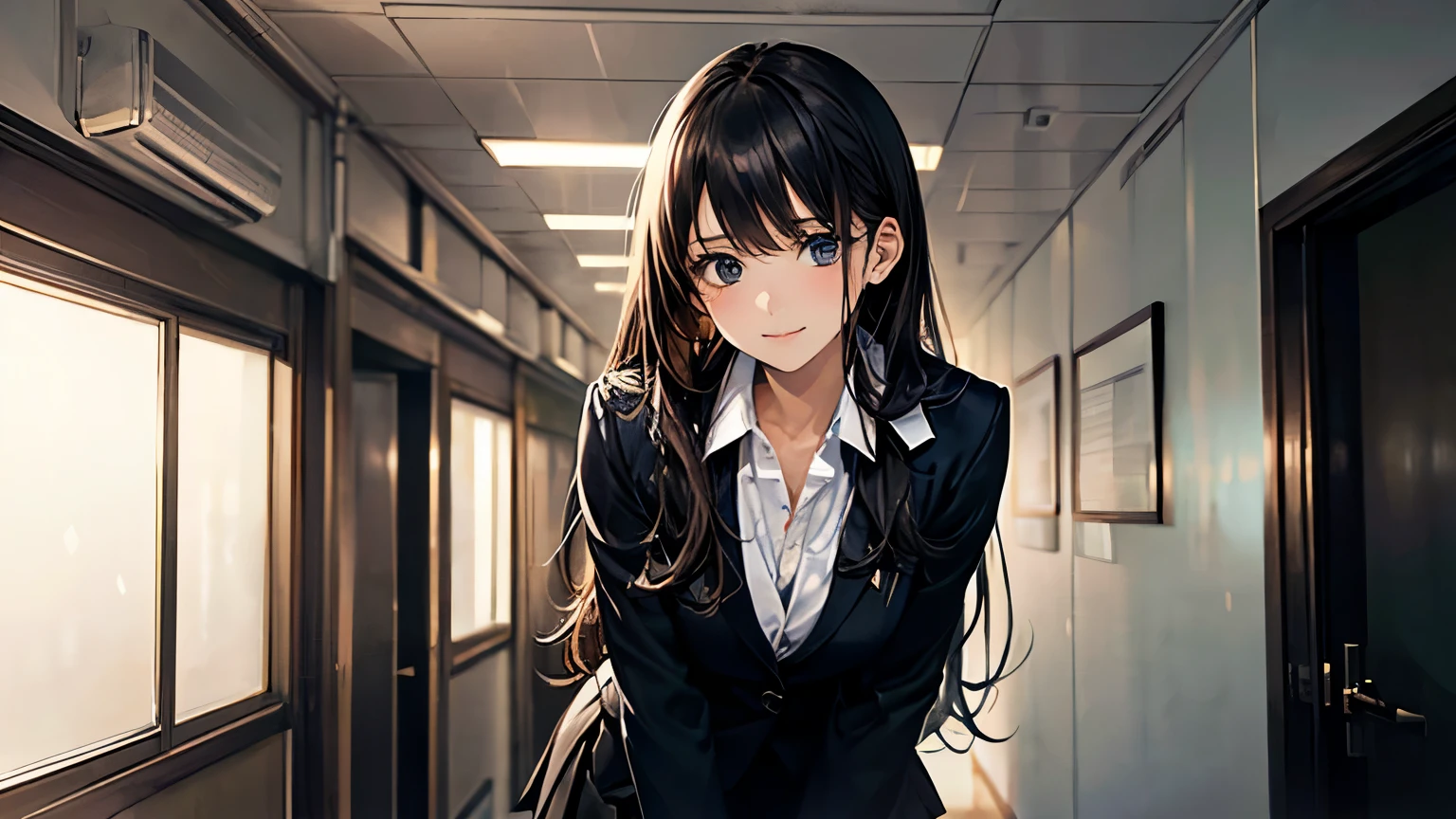 (masterpiece:1.2, highest quality), (Realistic, photoRealistic:1.4), Beautiful illustrations, (Natural Side Lighting, Cinema Lighting), 
View Viewer, (From below), 1 girl, Japanese, high school girl, Perfect Face, Perfect body, Cute and symmetrical face, Shiny skin, Baby Face, 
(Long Hair:1.7, Straight hair:1.6, Long sideburns, Black Hair), Swept-apart bangs, blue eyes, (Middle chest, Captivating thighs), , 
Beautiful Hair, Beautiful Face, Beautiful fine details, Beautiful clavicle, Beautiful body, Beautiful breasts, Beautiful thighs, Beautiful feet, Beautiful fingers, 
(((Black clothes, Black School Blazer, Closed blazer), White collared shirt, Black Box Pleated Skirt) ), 
(Beautiful views), evening, (School corridor), Are standing, Leaning forward, (Twirl your hair, Cute smile), I have a book