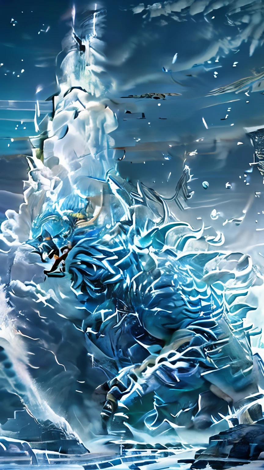 A large, reptilian monster named Frostfrill with blue-white icy scales and ice crystals growing from its back, shown in a serene scene. Frostfrill is lying down peacefully by a frozen lake, surrounded by snow-covered pine trees and icy glaciers. The monster's eyes are closed, and it looks calm and relaxed. The background features a clear, starry night sky with the aurora borealis adding a magical touch. The overall atmosphere is tranquil and beautiful, highlighting the gentler side of the Frostfrill.
