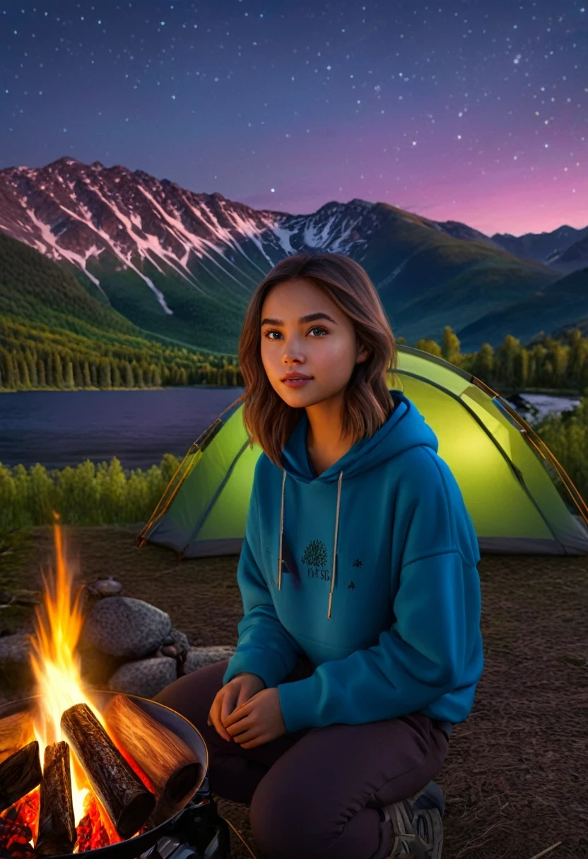 a beautiful girl camping in a forest, night，Starry Sky，aurora，(1girl:1.2), detailed face, beautiful eyes, full lips, long eyelashes, outdoor camping, camping tent, campfire, forest, trees, mountains, sunset, warm lighting, (best quality,8k,highres,masterpiece:1.2),ultra-detailed,(realistic,photorealistic,photo-realistic:1.37),landscape, natural lighting, vibrant colors, depth of field