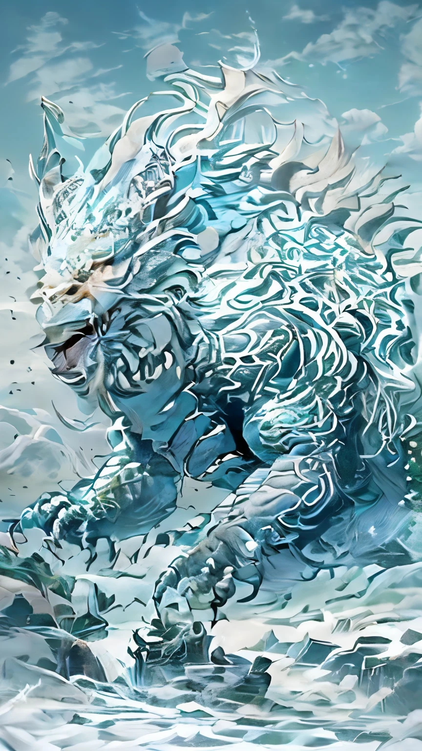 Frostfrill During a Snowstorm
"A large, reptilian monster named Frostfrill with blue-white icy scales and ice crystals growing from its back, enduring a harsh snowstorm. Frostfrill is bracing itself against the strong winds and heavy snowfall, its icy scales glistening in the storm. The background features a desolate, frozen landscape with barely visible shapes of glaciers and snow-covered ground. The scene is dramatic and powerful, highlighting Frostfrill's resilience."