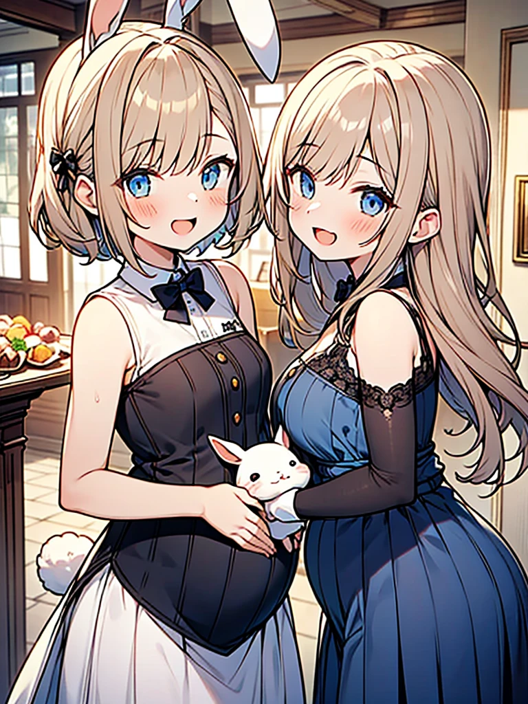 2girls,same-sex couple,Pregnant girl who changed her sex from  boy to ,
wearing hyper cute clothes,(boyish face),Fancy rooms, rabbit-themed decorations, loose-fitting girls,(happy smile),