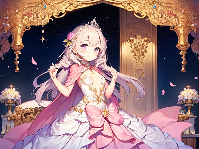 (kawaii),(best quality),(ultra detailed),(rococo style),(long train pastel pink cape:1.15), very long cape,(long train white ball gown with flower decorations:1.1), a girl is wearing a cape over her gown, 1 little princess, tiara, smile, very long hair, small breasts, beautiful detailed eyes, beautiful detailed lips, looking at viewer