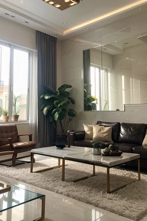 indoor living room，modern style，indirect lighting，System cabinet，Marble coffee table，Large floor-to-ceiling windows，ceramic tiles，Planting and decoration，wide angle