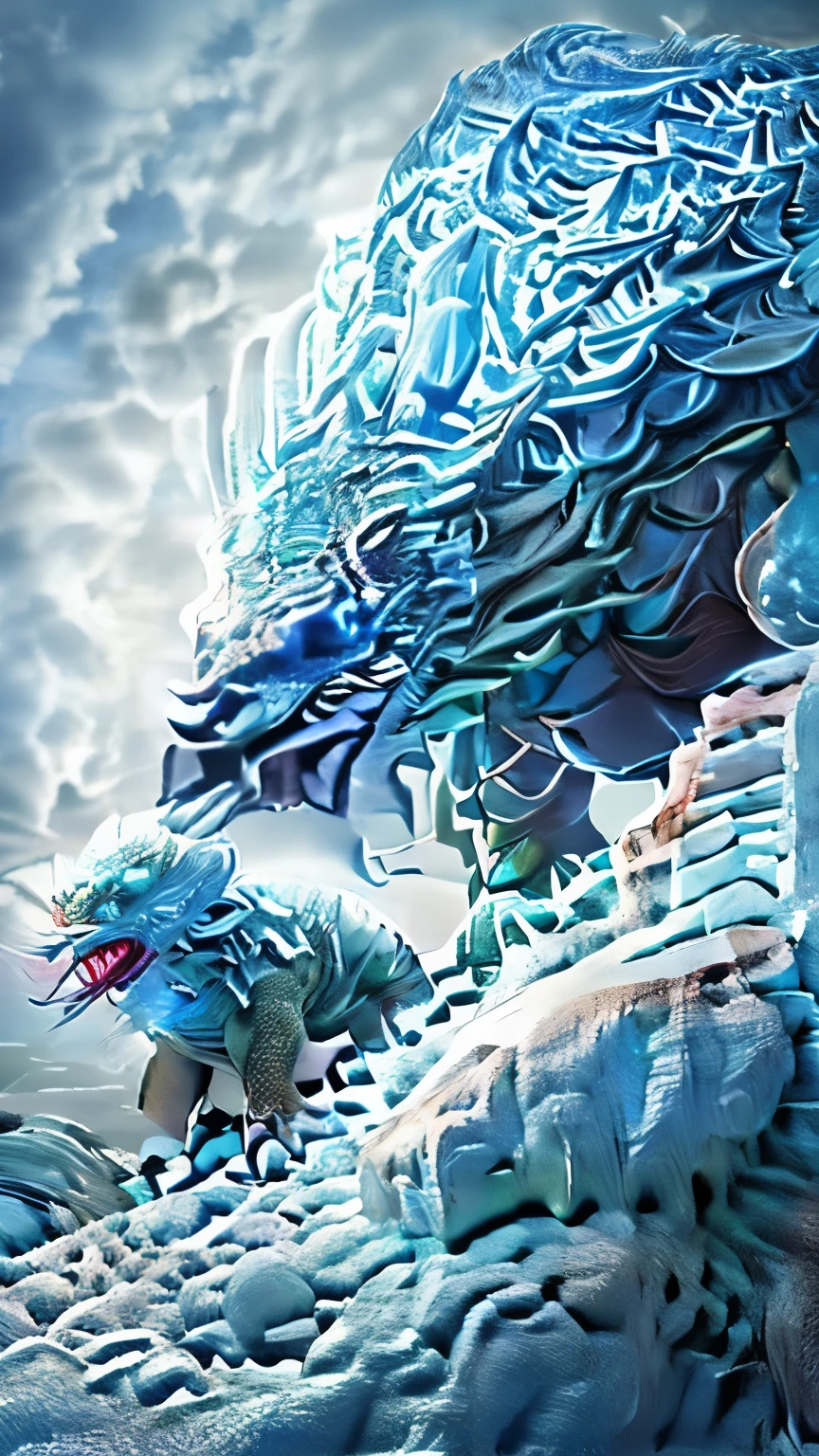 Frostfrill with Its Hatchlings
"A large, reptilian monster named Frostfrill with blue-white icy scales and ice crystals growing from its back, interacting with its hatchlings. Frostfrill is gently guiding its young ones, who have smaller, softer icy scales. The background features a safe, snowy nest surrounded by protective ice walls. The atmosphere is warm and tender, showcasing the familial bond between Frostfrill and its offspring."