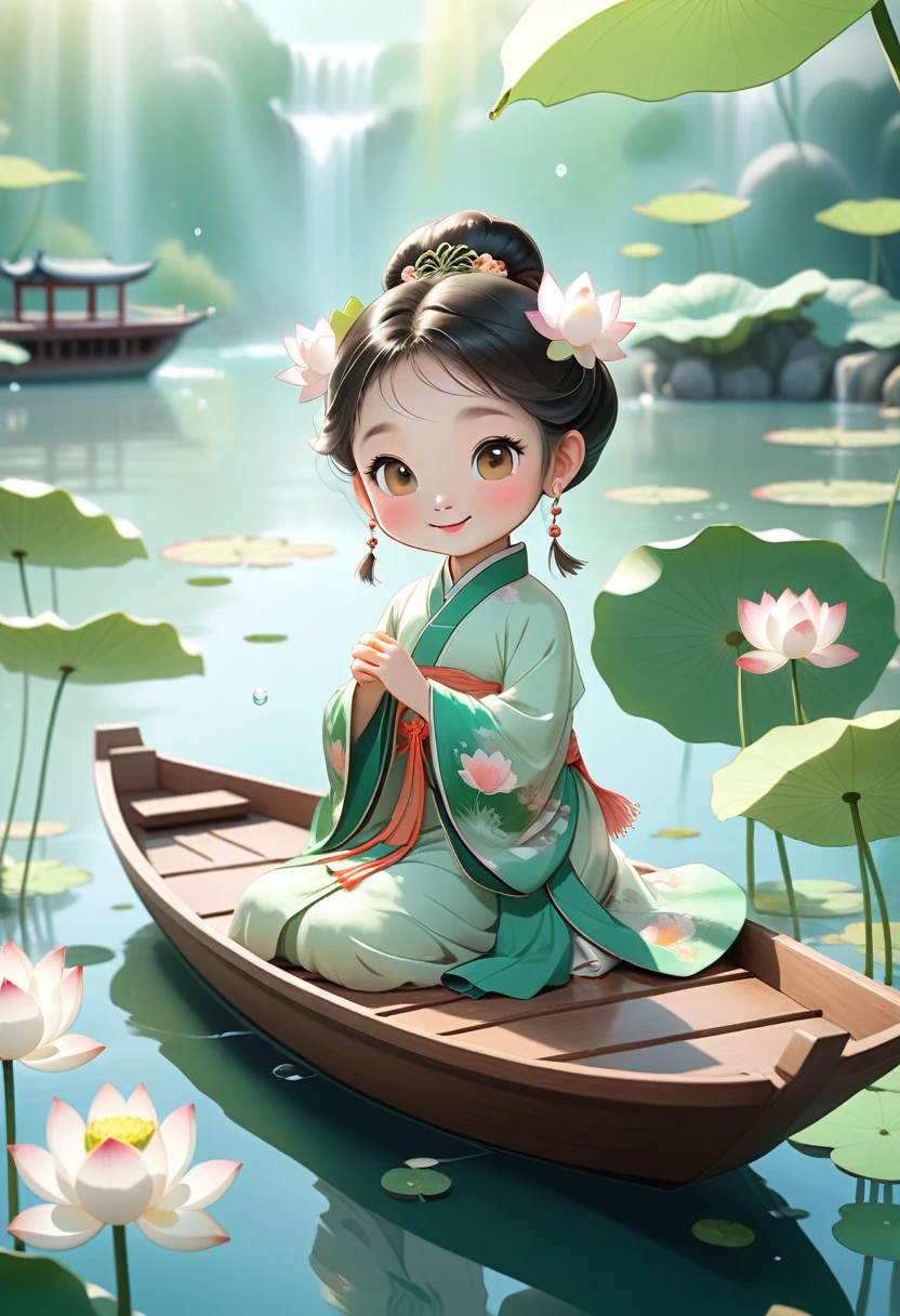 Cartoon Rendering Action Poster， A smiling little Chinese girl ,Dressed in elegant Chinese HanFu， Sitting on a wooden boat, Surrounded by summer lotus Flowers, Lotus Leaf，Ripples in the water Lotus in the Foreground，There are carps swimming in the river ,Bright Light,Light green,abstract pictures,Surrealism,Clear background,Clear outline light,Rim Light,Fantasy, Intricate details, BeautiFul color grading, Unreal Engine, Movie, Color grading,編輯photography, photography, photo shoot, Shot with a 70mm lens, Depth oF Field,degrees oF , tilt blur, Shutter speed 1/ 1000, F/ 22, White Balance,Octane Rendering, Blender, Ultra-high quality, Ultra high quality, 8K