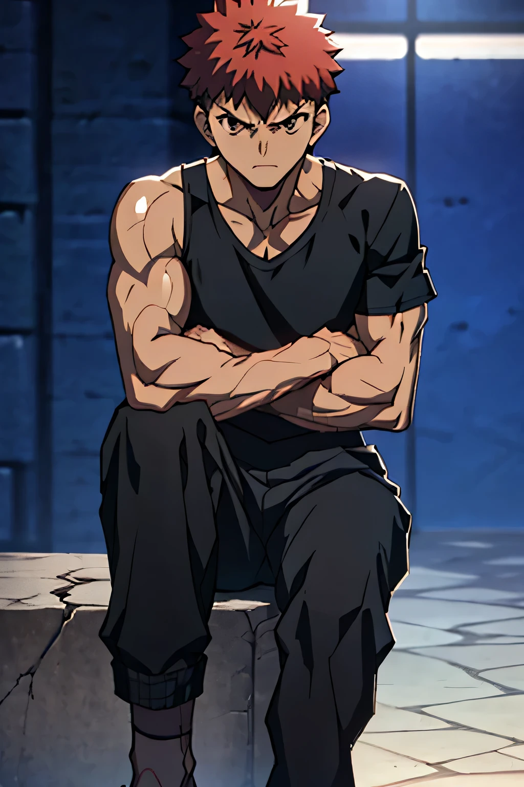 Shirou is sitting and flexing his biceps. He wears black shorts. You can see his thighs. He looks stoic and serious. He has bulging veins on his arms. He wears a black tshirt. His sleeve is completely rolled up so you can see his entire arm and shoulder.