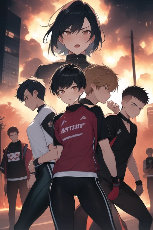 6 young people of 19 years old, 3 are men and 3 are women, the skin color of the men is very slightly dark, the skin color of the women is white, powerful fighters, some full body, tight black lycra with short sleeves , bracelets on both arms. ,loose black pants with red at the bottom, brown eyes, short hair, background of a night city destroyed by fire and a little smoke, mixed with horror, special effects, fantasy, ultra HD, HDR, each one makes a different fighting pose, hairstyle shaved on the sides of each one, each one has a different face and hair color, looking slightly at the viewer, 4k details of all of them, one of them, expressions of all angry and serious, mouth slightly open.