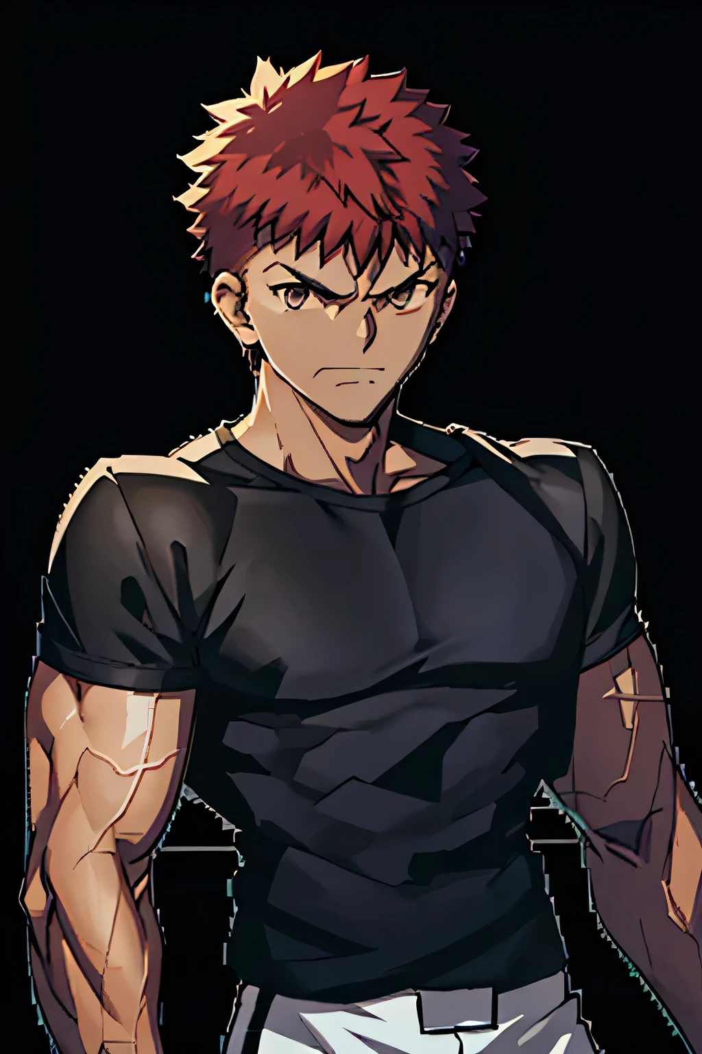 Shirou is sitting and flexing his biceps. He wears black shorts. You can see his thighs. He looks stoic and serious. He has bulging veins on his arms. He wears a black tshirt. His sleeve is completely rolled up so you can see his entire arm and shoulder.