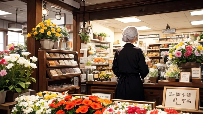 An old lady clerk at a flower shop talking to a customer、Back view、Inside the store、Buckshot