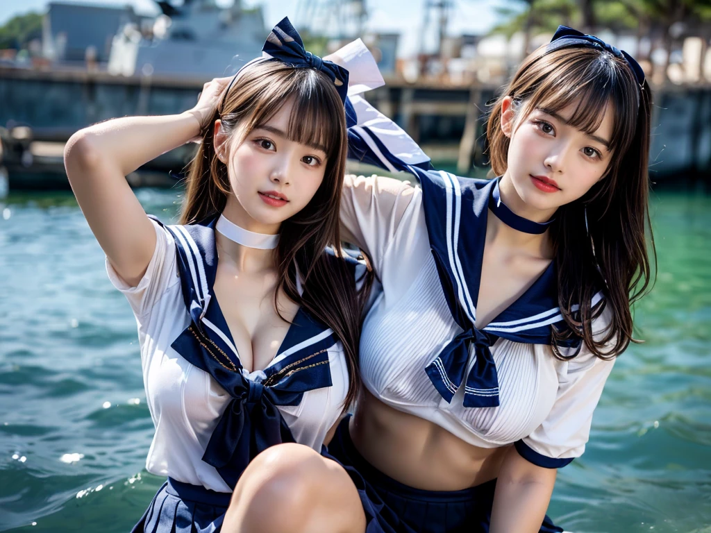 (((very heavy chest))),NSFW, 16k raw photos, highest quality, masterpiece, ultra high resolution, ((She is wearing Beautiful exposed redShe is wearing (a high school sailor uniform).
(navy sailor collar:1.4),(white shirt:1.4),(navy pleats skirt:1.4),(navy bow:1.4))).movie, ((2 girls, , 2 schoolgirls)),((attractive expression)),eyes shine、 looking at the viewer, natural skin texture very heavy chest))),((( metal black ribbon around the neck))).star handle mold、((yellow eyes)),Realistic eye and face details, lip whole, lipstick makeup), fluffy ponytail hair, laughter, Beautiful feet, tall woman, ((glowing skin)),((Beautiful armpit)), slim_feet, huge breasts, cleavage, beautiful natural places, beautiful flower garden、(detailed background,highly exposed, huge breasts, blurred background,, JK ribbon on the neck, jk ribbon, golden hair, bracelet, water, bangs, split your lips、armpit、beautiful hip line、glowing skin、(((eyes shine brightly))),lotion skin、High leg、((black hair)),highly exposed、Skimpy pink luxury fur coat、beautiful sea background、wind effect、