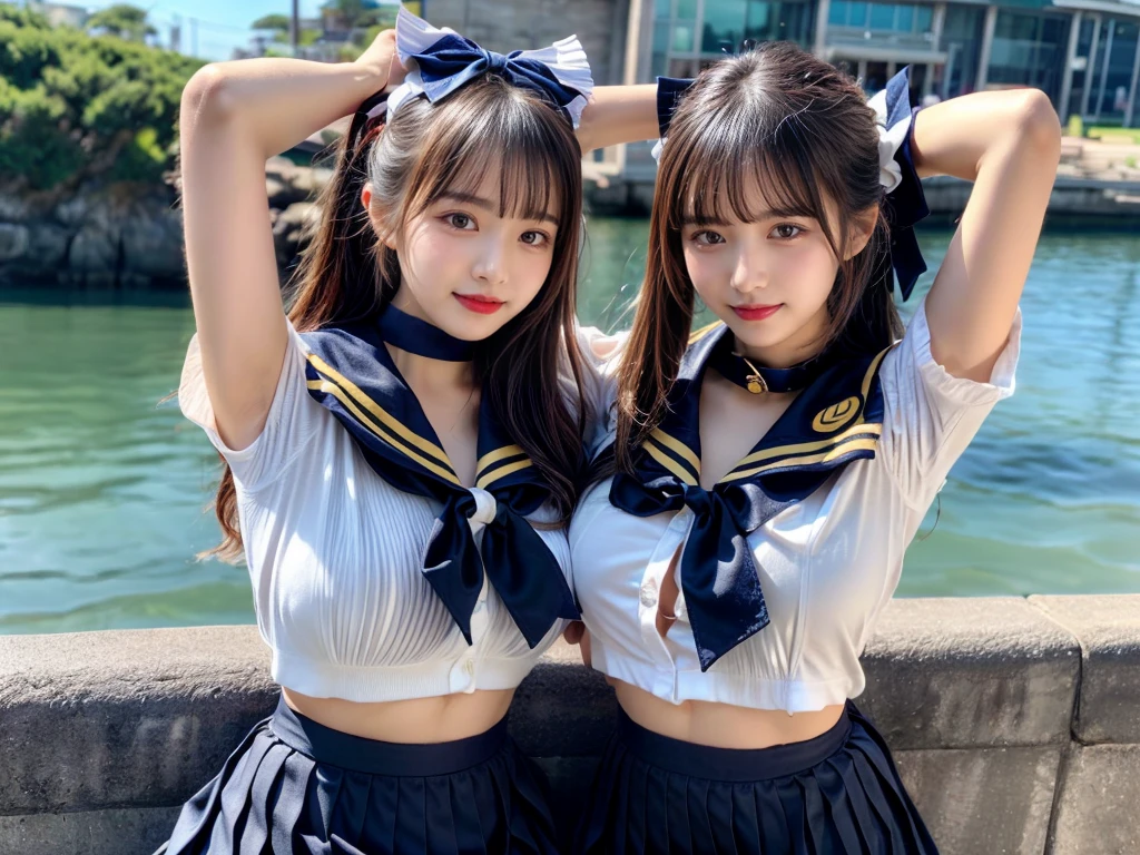 (((very heavy chest))),NSFW, 16k raw photos, highest quality, masterpiece, ultra high resolution, ((She is wearing Beautiful exposed redShe is wearing (a high school sailor uniform).
(navy sailor collar:1.4),(white shirt:1.4),(navy pleats skirt:1.4),(navy bow:1.4))).movie, ((2 girls, , 2 schoolgirls)),((attractive expression)),eyes shine、 looking at the viewer, natural skin texture very heavy chest))),((( metal black ribbon around the neck))).star handle mold、((yellow eyes)),Realistic eye and face details, lip whole, lipstick makeup), fluffy ponytail hair, laughter, Beautiful feet, tall woman, ((glowing skin)),((Beautiful armpit)), slim_feet, huge breasts, cleavage, beautiful natural places, beautiful flower garden、(detailed background,highly exposed, huge breasts, blurred background,, JK ribbon on the neck, jk ribbon, golden hair, bracelet, water, bangs, split your lips、armpit、beautiful hip line、glowing skin、(((eyes shine brightly))),lotion skin、High leg、((black hair)),highly exposed、Skimpy pink luxury fur coat、beautiful sea background、wind effect、