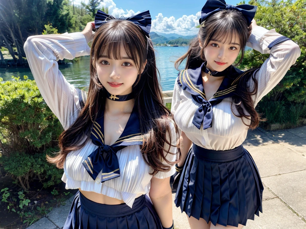 (((very heavy chest))),NSFW, 16k raw photos, highest quality, masterpiece, ultra high resolution, ((She is wearing Beautiful exposed redShe is wearing (a high school sailor uniform).
(navy sailor collar:1.4),(white shirt:1.4),(navy pleats skirt:1.4),(navy bow:1.4))).movie, ((2 girls, , 2 schoolgirls)),((attractive expression)),eyes shine、 looking at the viewer, natural skin texture very heavy chest))),((( metal black ribbon around the neck))).star handle mold、((yellow eyes)),Realistic eye and face details, lip whole, lipstick makeup), fluffy ponytail hair, laughter, Beautiful feet, tall woman, ((glowing skin)),((Beautiful armpit)), slim_feet, huge breasts, cleavage, beautiful natural places, beautiful flower garden、(detailed background,highly exposed, huge breasts, blurred background,, JK ribbon on the neck, jk ribbon, golden hair, bracelet, water, bangs, split your lips、armpit、beautiful hip line、glowing skin、(((eyes shine brightly))),lotion skin、High leg、((black hair)),highly exposed、Skimpy pink luxury fur coat、beautiful sea background、wind effect、