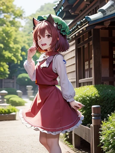 highest quality、masterpiece、touhou 、chen、Cat ear、short-haired red hair、Green hat、Two Tails、laughing、whole body、Old Japanese house、Standing in the garden