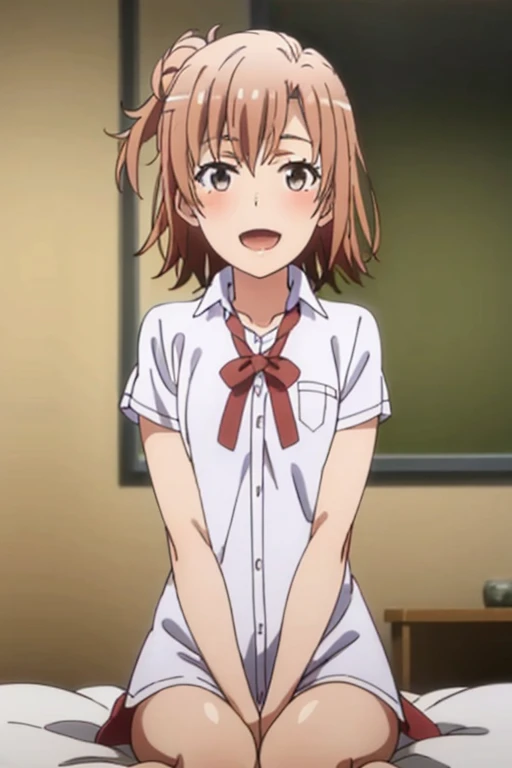 ((highest quality)), ((masterpiece)), (be familiar with), Perfect Face, indoor, Bedroom, Watching the audience,
One woman, Yuigahama Yui,
Open Mouth, Ecstatic expression, blush, smile,
Small breasts, Flat Chest, Young Girl, , , Girl,
Short Hair, Salmon-colored hair, Salmon-colored eyes, Side Pony,
Leg spread,