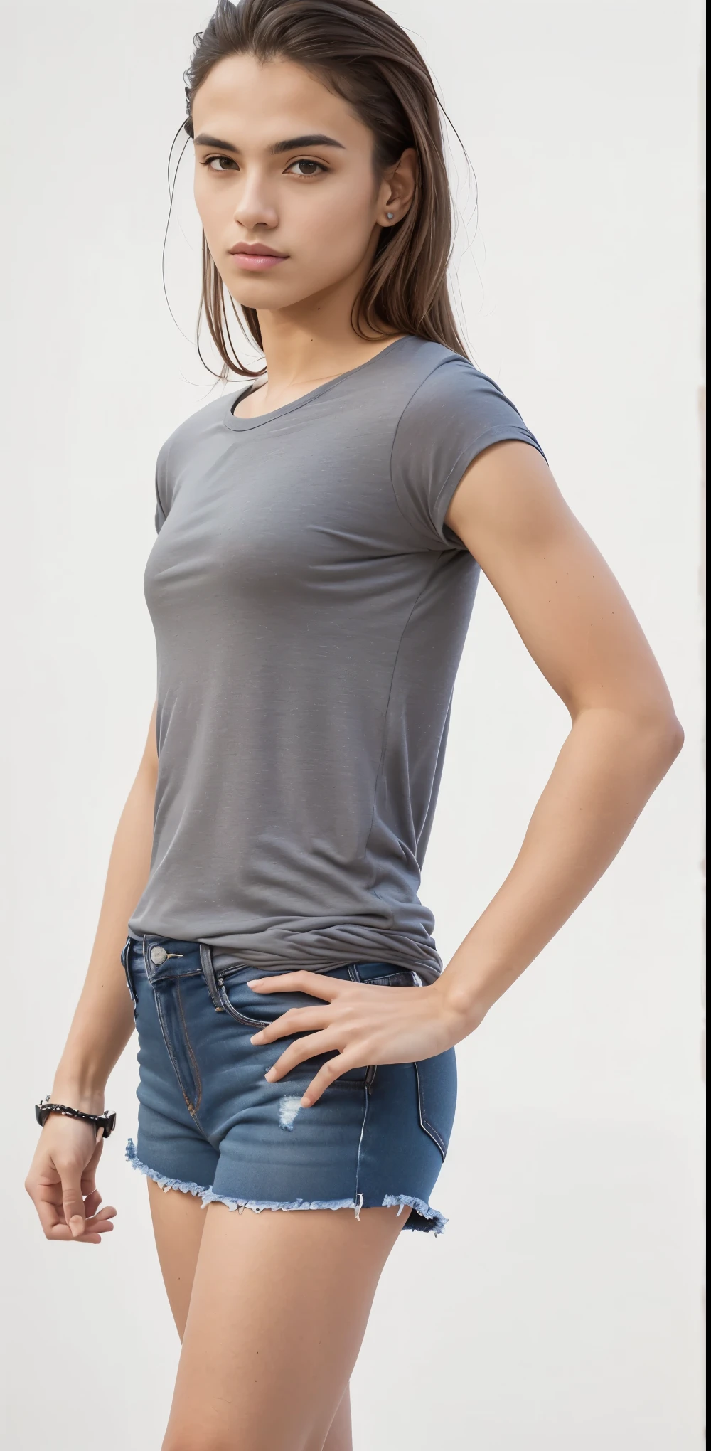 um close de uma jovem com uma camisa cinza e shorts jeans, camisa cinza, splendid, Roupas casuais modernas, vestindo uma camiseta, camisa apertada, solid gray, solid gray, 3/4 vista lateral, foto do produto, em cinza metalizado, vestindo uma camiseta muscular, perto de um magro, wearing camisa apertada, vista frontal superior lateral