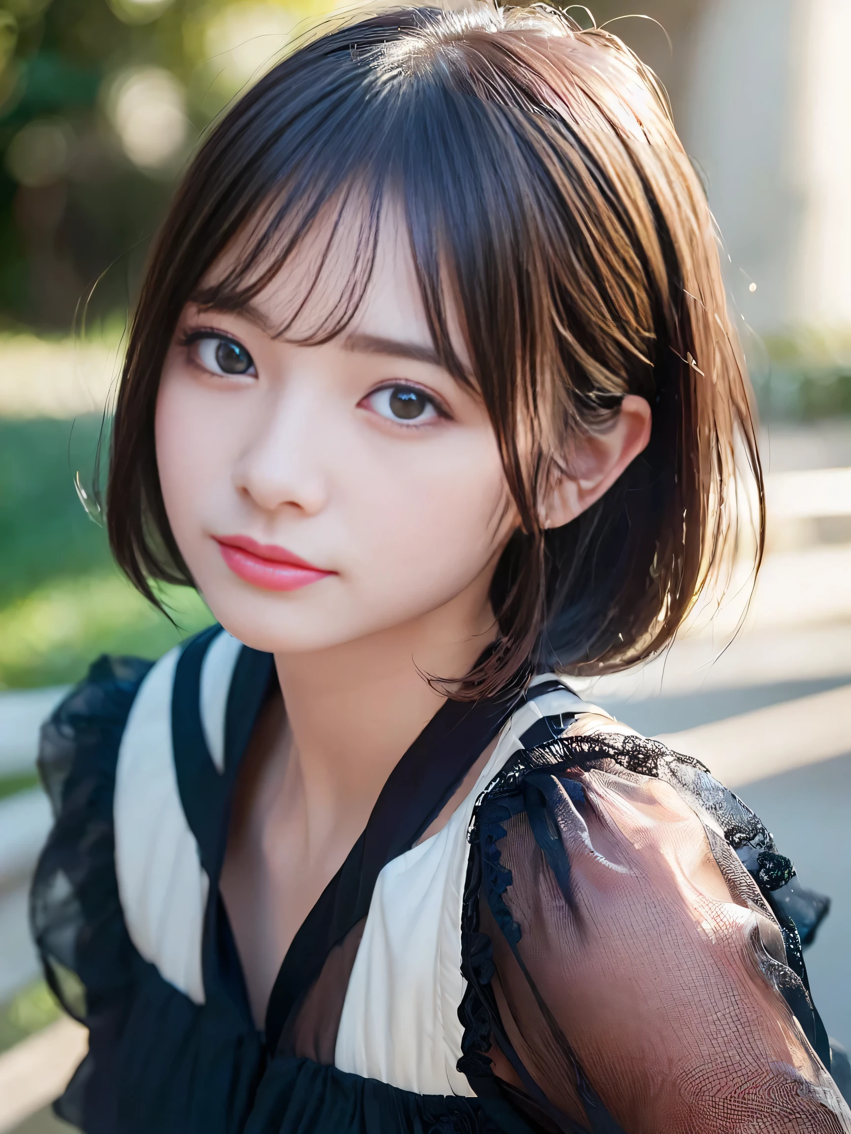 ((highest quality:1.2, 8k, Sharp focus, masterpiece: 1.2, Cinematic Light, Highly detailed CG, beautiful girl, reality, Detailed facial texture, Realistic Skin, fine bangs)), (Depth of written border), Background blur, Tilt your head, Smiling, Shut your mouth., Shiny black short hair,