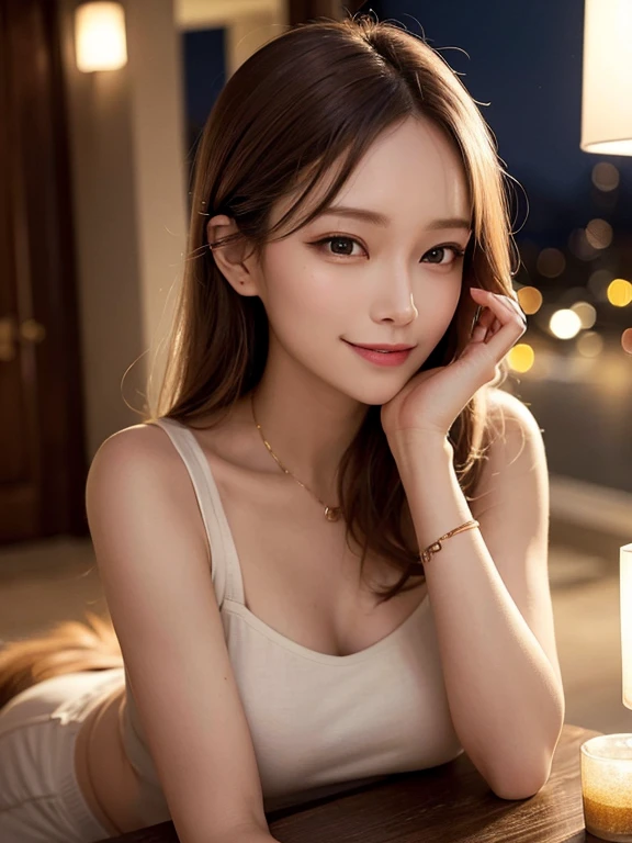 masterpiece, highest quality, High resolution,alone,Brown,artistic,Best lighting,casual,Flat Chest,Beautiful Face,expensive,smile,light makeup,Age 26,Calm woman,Detailed Hair,Laughing woman,Updo,night,outside,night景,Face Focus,Forehead,clavicle