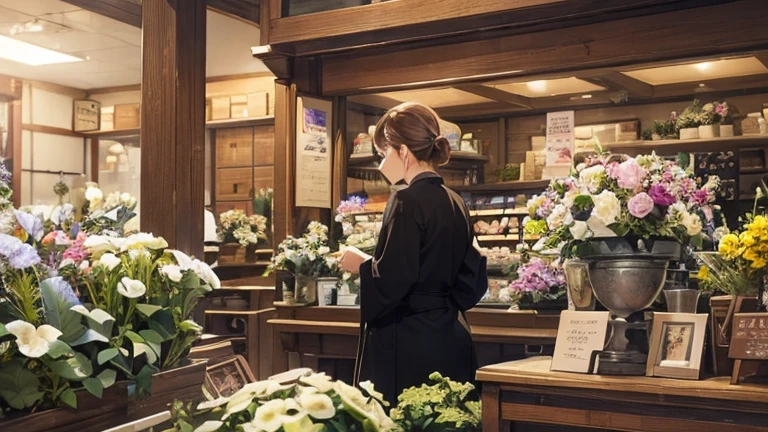 2girls、An old lady clerk at a flower shop talking to a customer、Back view、Inside the store、Buckshot