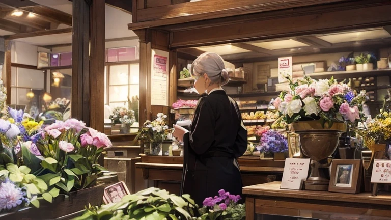 2girls、An old lady clerk at a flower shop talking to a customer、Back view、Inside the store、Buckshot