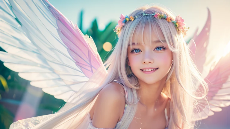 1angel,1 Fairy,2Girl,10 years old,2 people,Smile,smile,Magic wand,noon,summer,Tropical,Light of the sun,Light background,cute,Princess Dress,clear,happiness,Thick Coating,Angel Wings,Fairy Wings,Silky shiny hair,Glossy Skin,Long Hair,Fairyland,Soft light,rainbow,dream,hope,Pop Art,pastel colour,Sparkling Eyes,fine,Non-Adult,High resolution,Less exposed skin,light peach-colored hair,Thin eyebrows