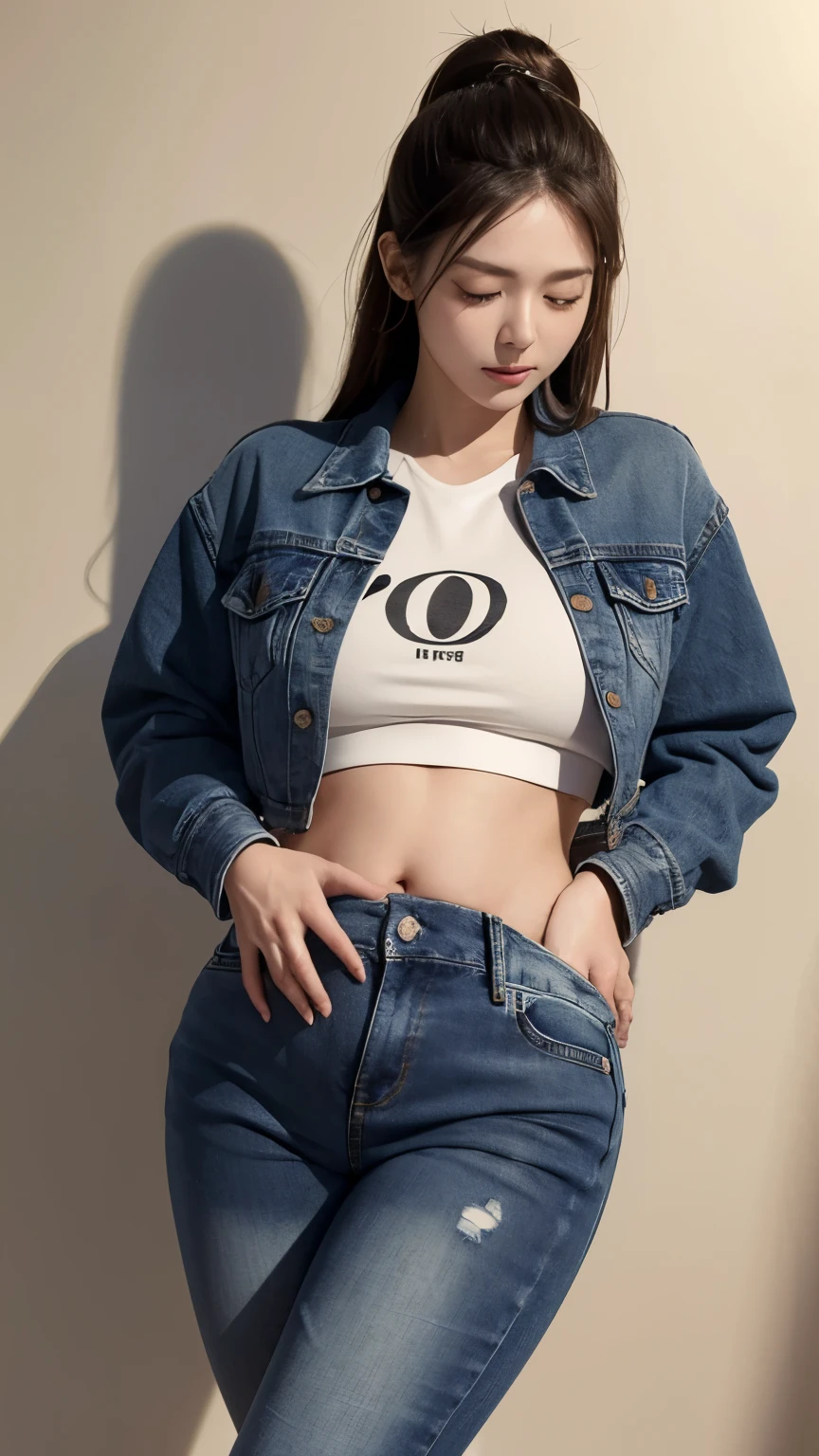 (photorealistic),(masterpiece),(ultra-detailed),a very pretty and sexy 20 year old girl holding more than liters of pee, wearing crop bubble jacket and skin tight denim shorts, lower abdomen part of the tight black jeans bulging from full bladder as sphere that is big as her as if she was fully nine months pregnant but smooth rounded ,enduring extreme urge to pee,eyes slightly closed,pee about to come out,sweating,legs crossed very tightly