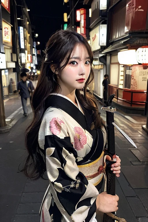 (((Japan holding a sword)))、(((Tears running down my cheeks)))、Beautiful Japanese Supermodel Women, Hair with subtle highlights, Big black eyes, sexy,Street background,Gorgeous kimono (Floral),Dimples、 Backlit shooting,perfect face lighting,Mixed Media
