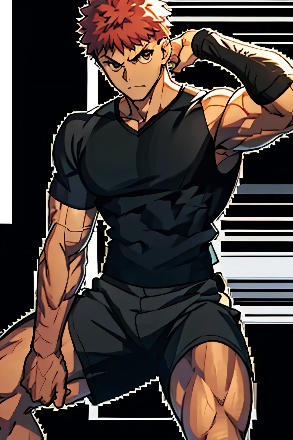 Shirou is sitting and flexing his biceps. He wears black shorts. You can see his thighs. He looks stoic and serious. He has bulging veins on his arms. He wears a black tshirt. His sleeve is completely rolled up so you can see his entire arm and shoulder.