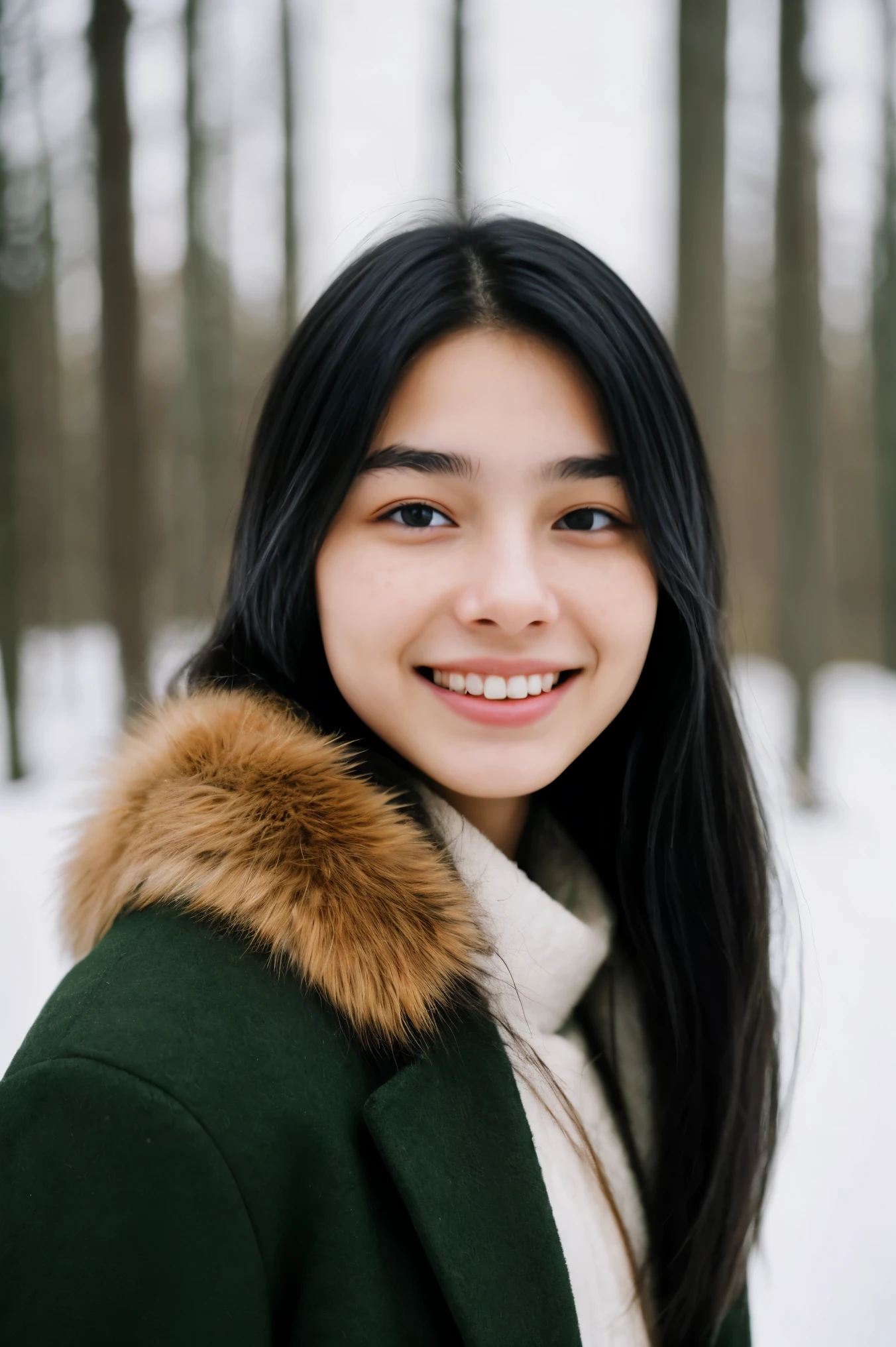realistic photo of a 19-year-old Asian girl, beautiful face, long black hair blended with pale pink hues in a stylish cut, an adorable appearance, and a mesmerizing smile, a character dressed in a Viking style overcoat made with fur, strikes a casual, playful pose amidst the Nordic woods, set against a snowy backdrop. brimming with emotion, interplay of contrast along with detailed light and shadow, depth of field, people in a blurred background,