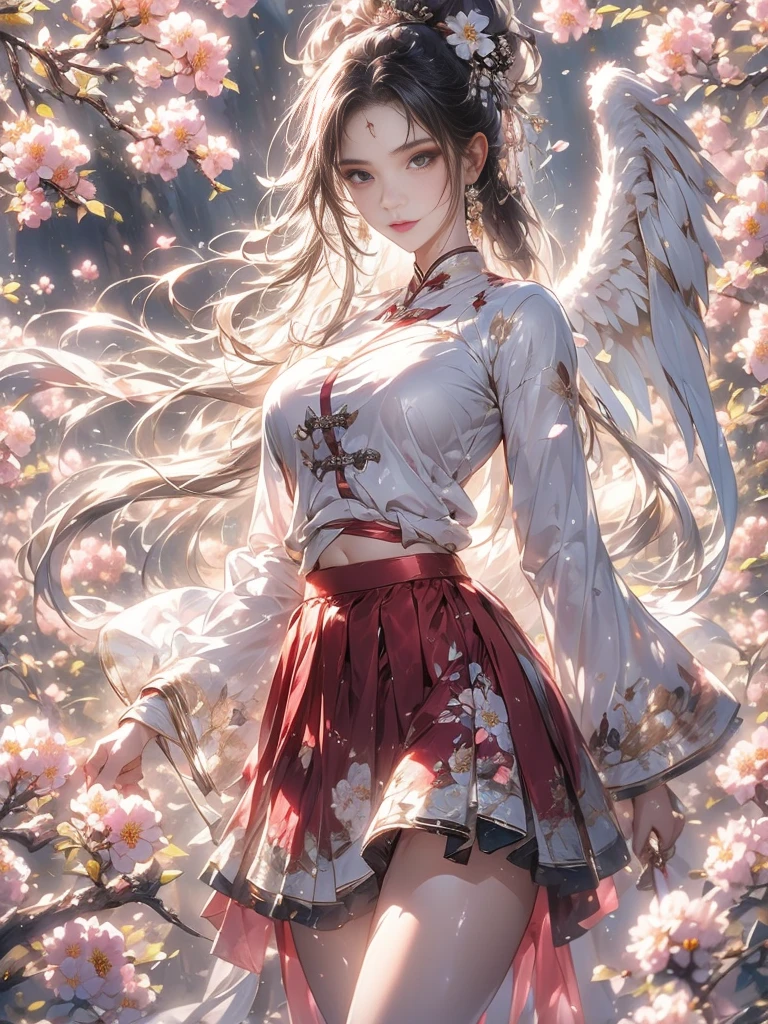 Chinese painting,Ethereal beauty,Ink wash painting,Ink splashes,Gongbi,Delicate brushwork,Zen simplicity, high quality, masterpiece, ultra-high resolution, incredible composition, extremely detailed, crazy details, a girl, angel wings, beautiful face, perfect female body, (skirt **** up of flowers:1.5), translucent body, transparent petals, luminous petals, gradient, contour light, light particles, award winning art,