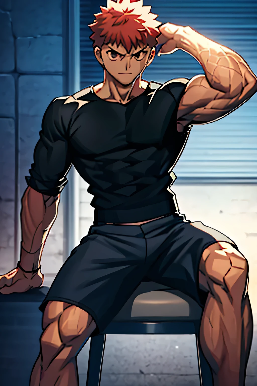 Kiritsugu is sitting and showing his biceps. He wears black shorts. You can see his thighs. He looks stoic and serious. He has bulging veins on his arms. He is shirtless.