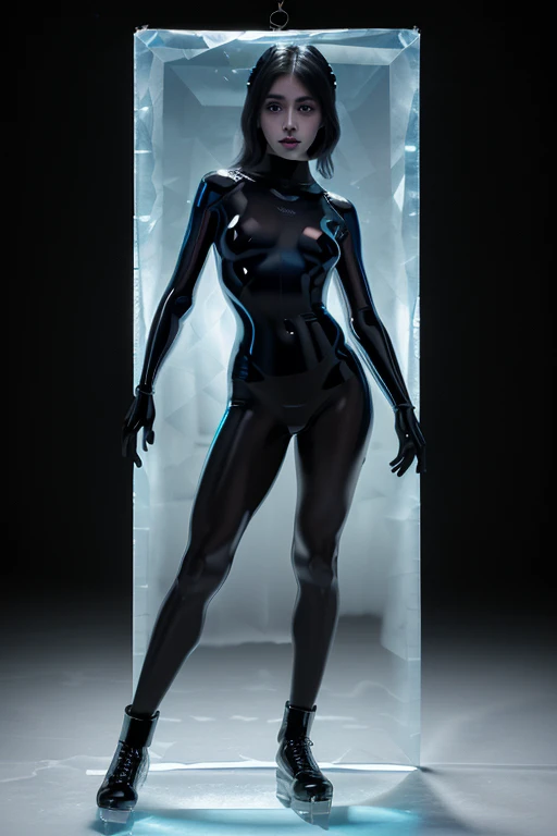 image of a beautiful transparent ice girl in a black gradient with light polarization diffusion, full length ,1024 K, HDR,UHD,