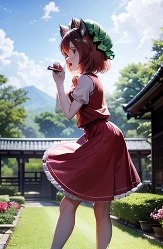 highest quality、masterpiece、touhou 、chen、Cat ear、short-haired red hair、Green hat、Two Tails、laughing、whole body、Old Japanese house、Standing in the garden